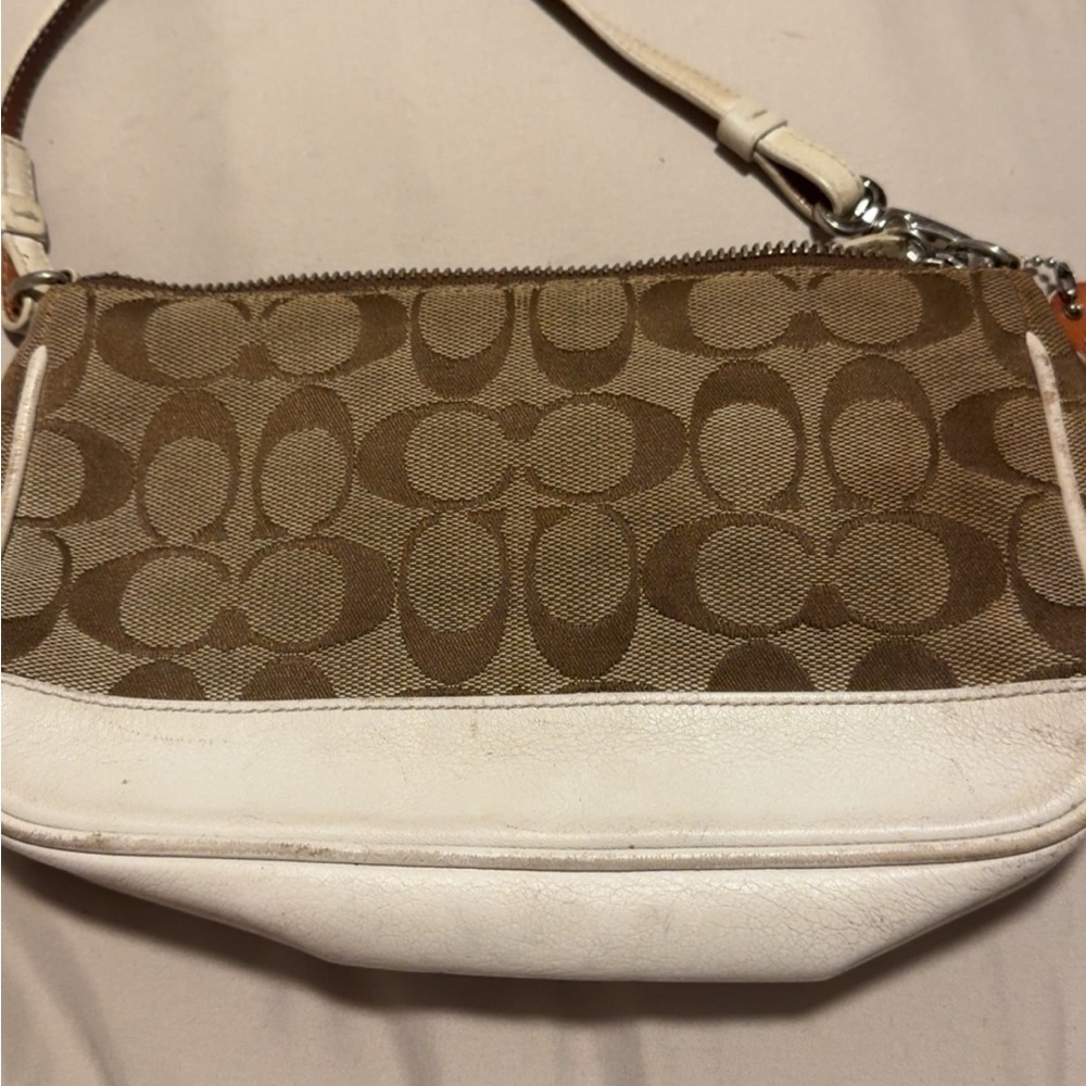 Coach Brown Signature Canvas Shoulder Bag with White Leather Trim - Picture 2 of 3